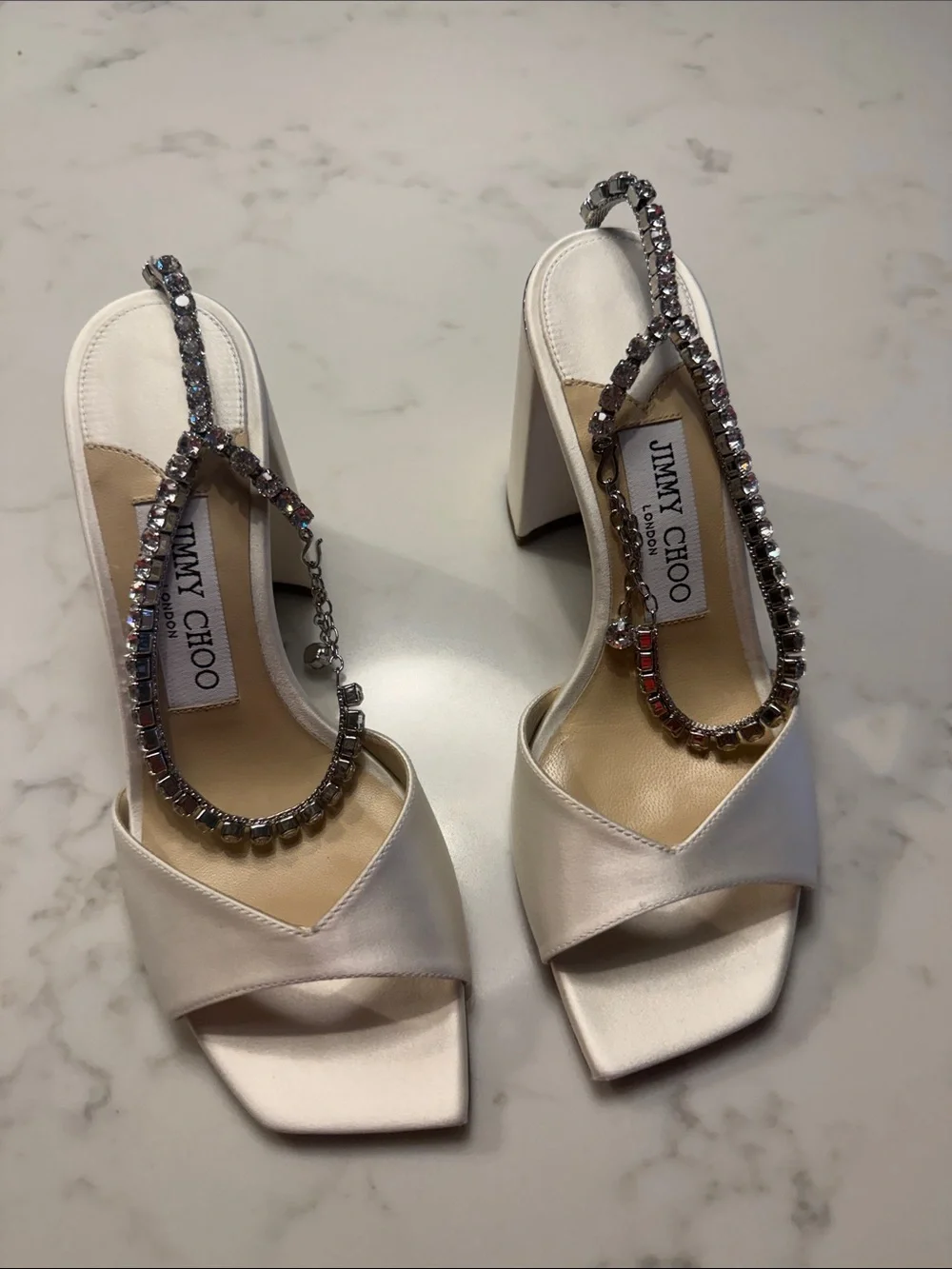 Jimmy Choo Saeda Sandal Block Heel with Crystal Chain NIB